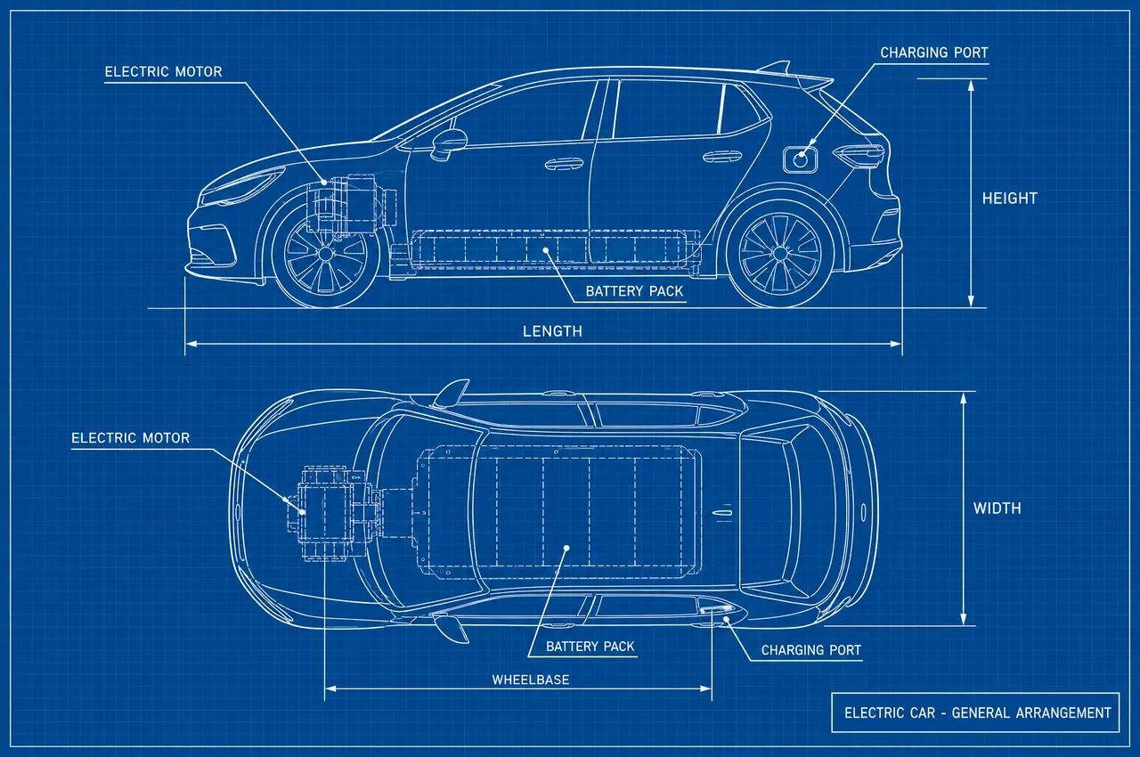 Blueprint of an electric car in side and top view, showing the battery pack, electric motor, charging port, length, width, height and wheelbase