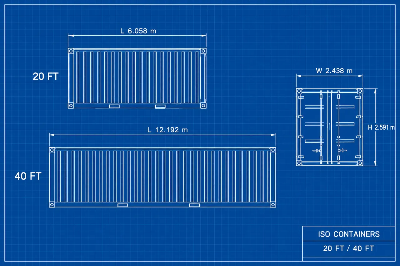 Blueprint of ISO 20 ft and 40 ft shipping containers: lengths 6.058 m and 12.192 m, width 2.438 m, height 2.591 m