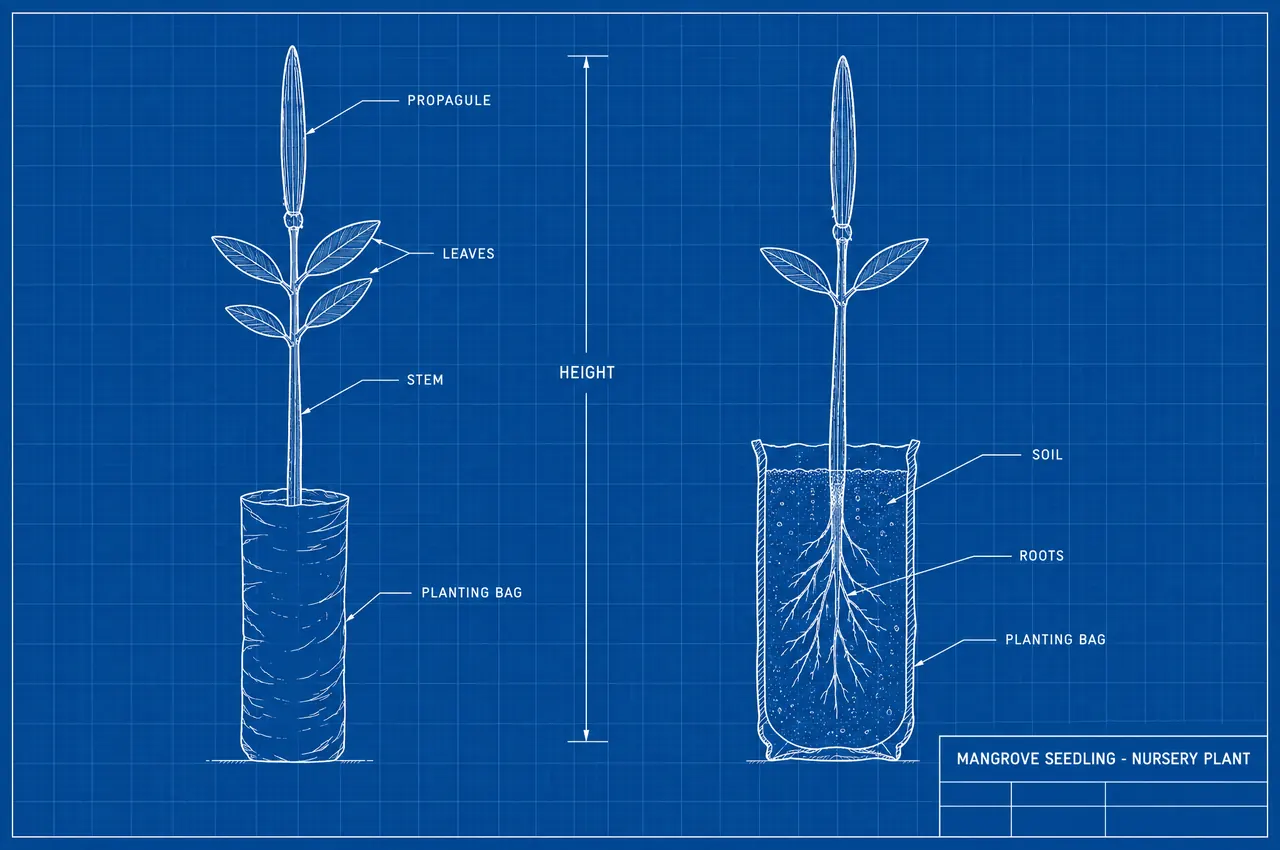 Blueprint of a nursery mangrove seedling in a planting bag, labelling the propagule, leaves, stem, roots and soil