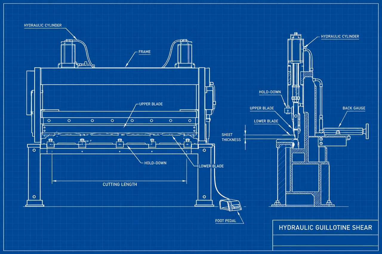 Blueprint of a hydraulic guillotine shear in front and side view, labelling the frame, hydraulic cylinders, upper and lower blades, hold-down, back gauge and cutting length