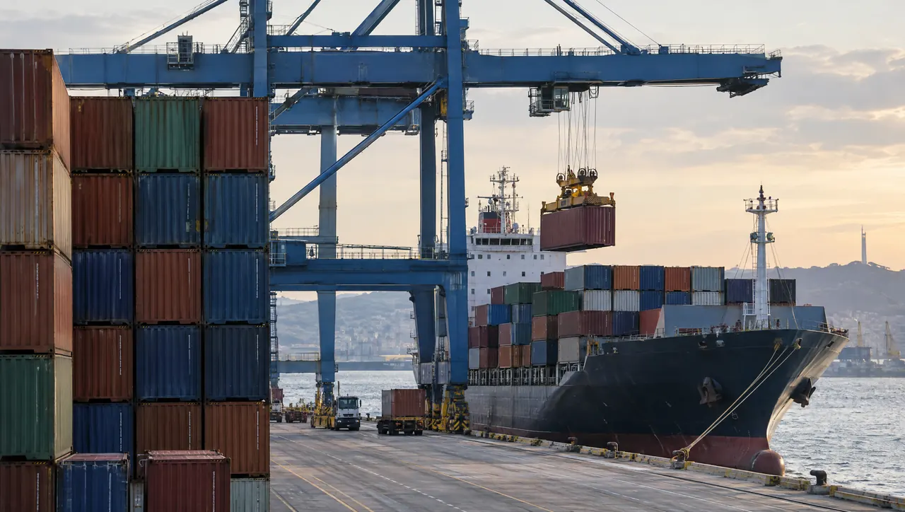 Gantry crane loading shipping containers onto a container ship at a port terminal