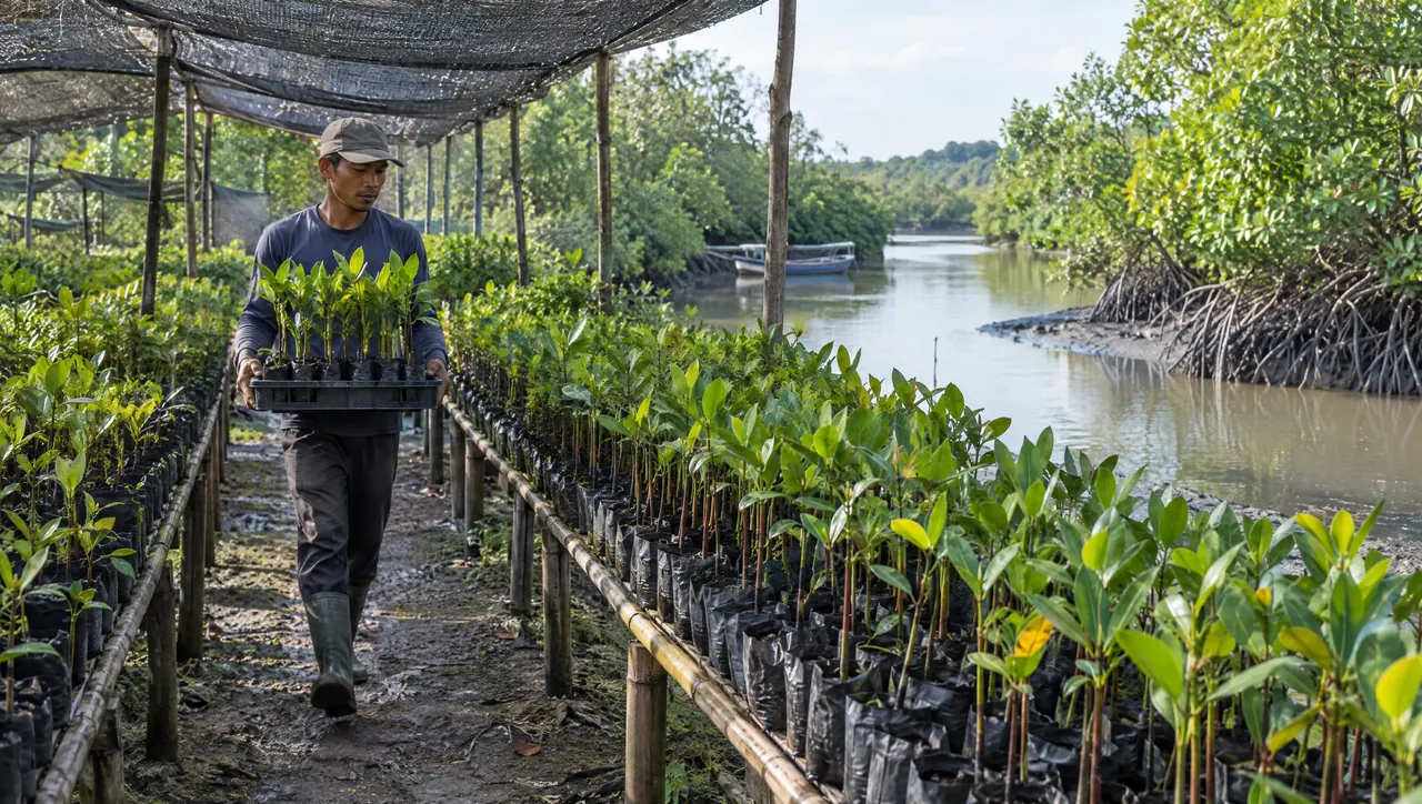 Nursery worker carrying a tray of young mangrove seedlings between rows of planting bags beside a tidal creek