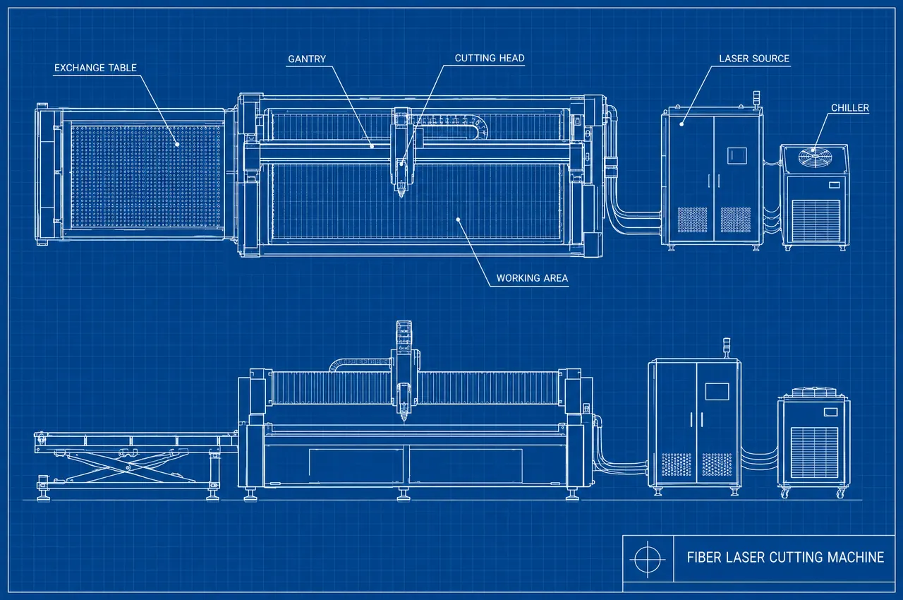 Blueprint of a fiber laser cutting machine in top and front view, labelling the gantry, cutting head, working area, exchange table, laser source and chiller