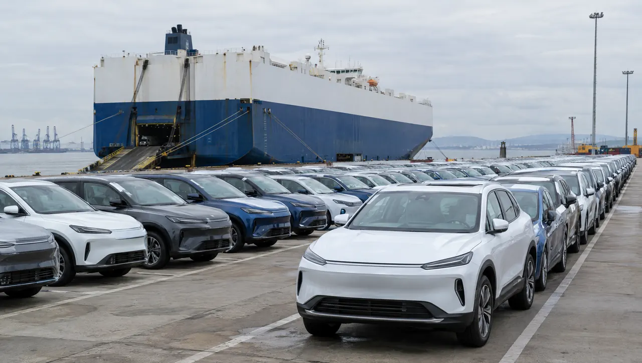 Rows of new electric cars parked at a port terminal in front of a roll-on roll-off car carrier ship