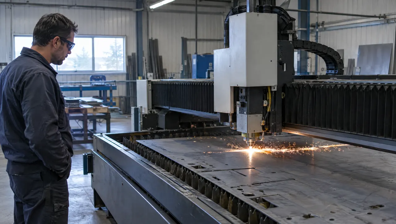 Operator in safety glasses watching a fiber laser cutting machine cut a steel sheet