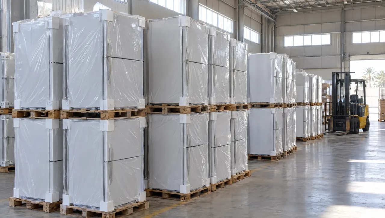 New refrigerators on pallets in a warehouse, each covered by a tight transparent stretch hood with white corner protectors