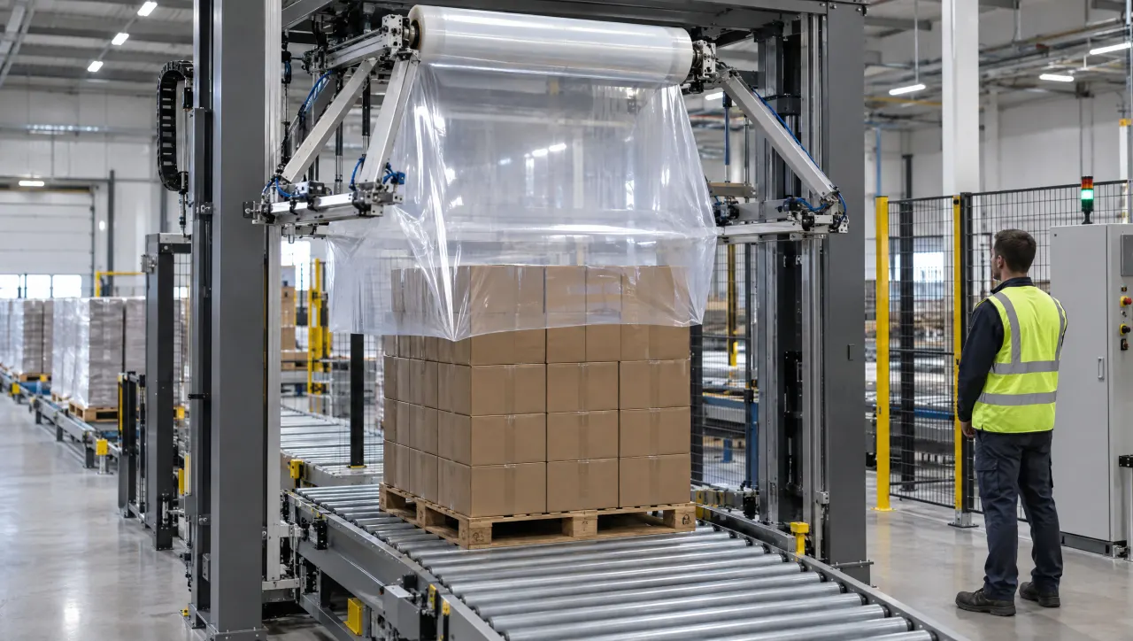 Stretch hood machine lowering a stretched transparent film hood over a pallet of cartons on a roller conveyor