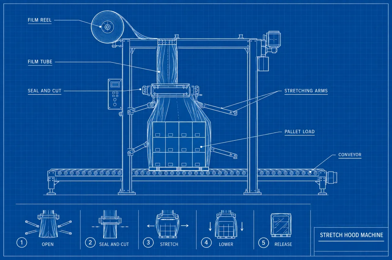 Blueprint of a stretch hood machine: film reel, film tube, seal and cut unit, stretching arms, pallet load and conveyor, with the five steps open, seal and cut, stretch, lower, release